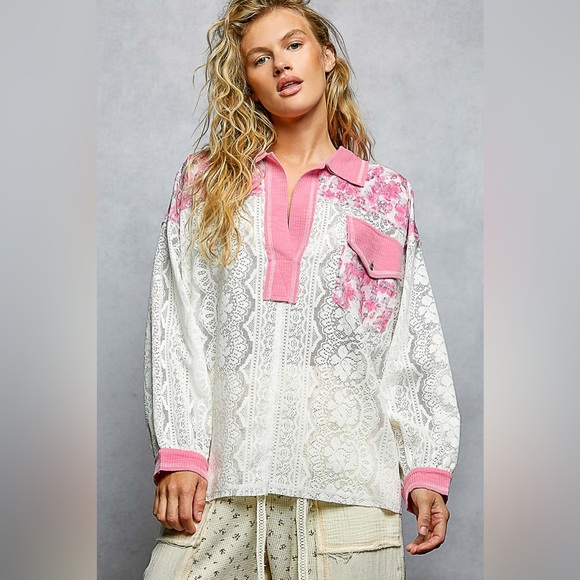 POL Floral Print Long Sleeve Lace Shirt with Front Pocket🆕 - Picture 3 of 6